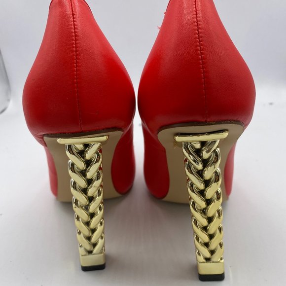 A NUYG red pointy toe gold chain chunky pumps heels shoes - Picture 5 of 10